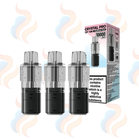 Three Crystal Pro CP10k vape refill pods with packaging on a white background.