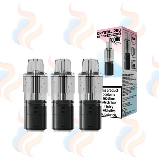 Three Crystal Pro CP10k vape refill pods with packaging on a white background.