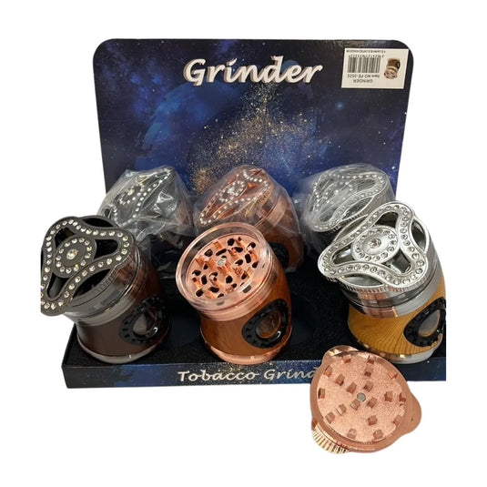 Set of fidget spinner tobacco grinders featuring wooden-style rustic finish with spinning lid tops