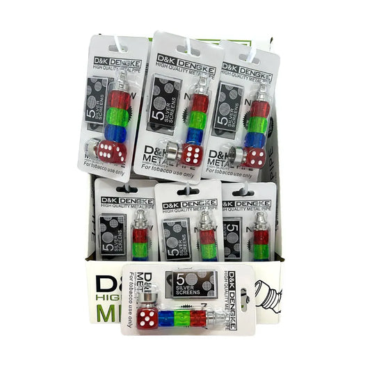 Display of 24 D&K (Dengke) pipes with a colourful dice design on a white background.