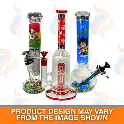 Three colourful glass smoking accessories on a white background with text indicating product design may vary.