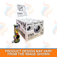 D&K mini pocket glass hookah packaging with a colourful hookah on a white background