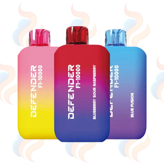 Three colourful vape devices labelled 'Defender' on a white background with smoke effects.