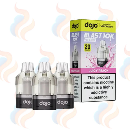 Three Dojo Blast 10K vape refill pods with packaging on a white background.