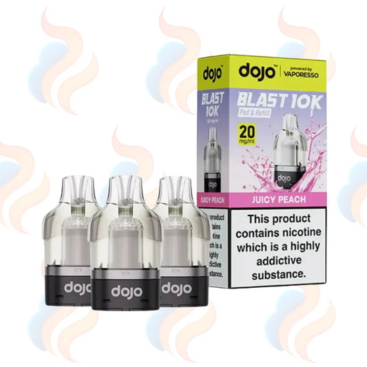 Three Dojo Blast 10K vape refill pods with packaging on a white background.