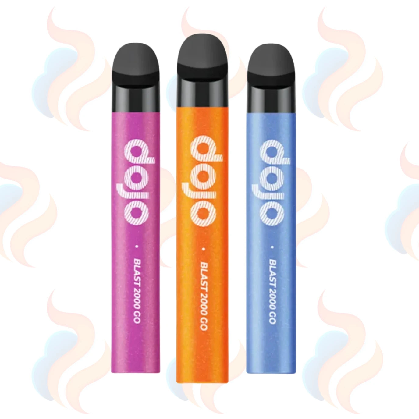 Three 'dojo' branded vape devices in purple, orange, and blue on a white background with smoke graphics.