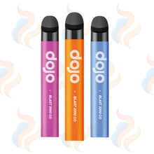 Three 'dojo' branded vape devices in purple, orange, and blue on a white background with smoke graphics.