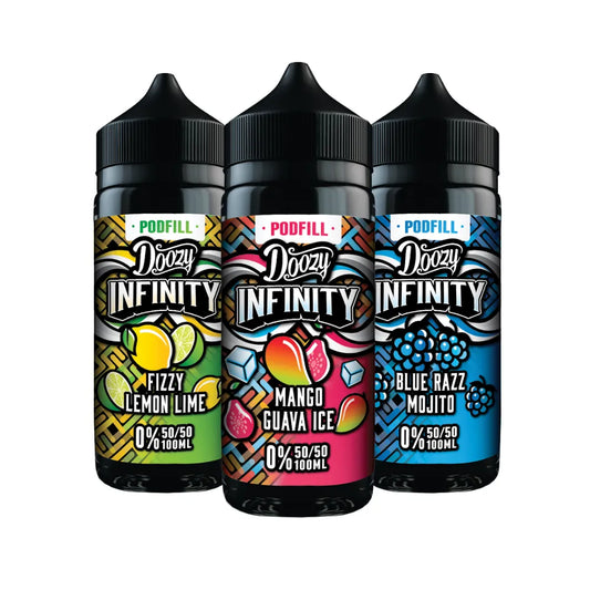 Three bottles of Doozy Infinity e-liquid with colorful labels on a white background