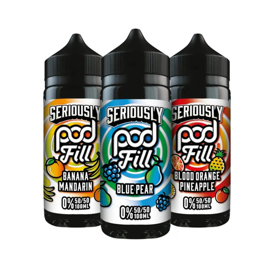 Three bottles of Seriously Pod Fill e-liquid with different flavors on a white background