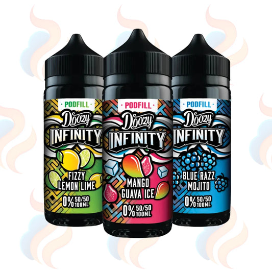 Three bottles of Doozy Infinity e-liquid with colourful labels on a white background.