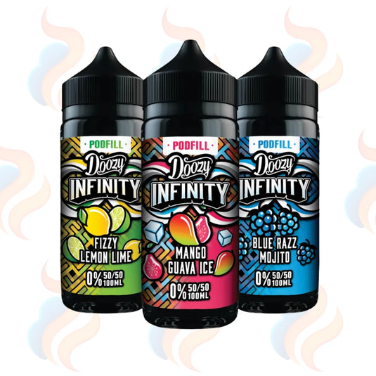 Three bottles of Doozy Infinity e-liquid with colourful labels on a white background.