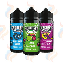 Three bottles of Seriously Fruity e-liquid with colourful labels on a white background.