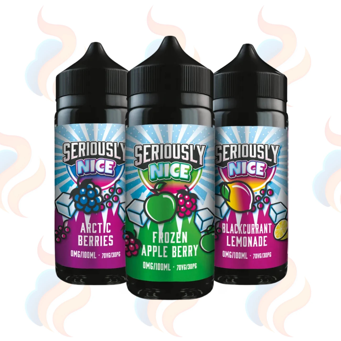 Three bottles of Seriously Nice e-liquid with colourful labels on a white background.