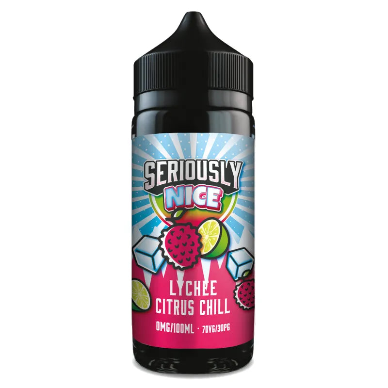 Vape juice bottle with colorful label featuring lychee citrus chill on a white background.