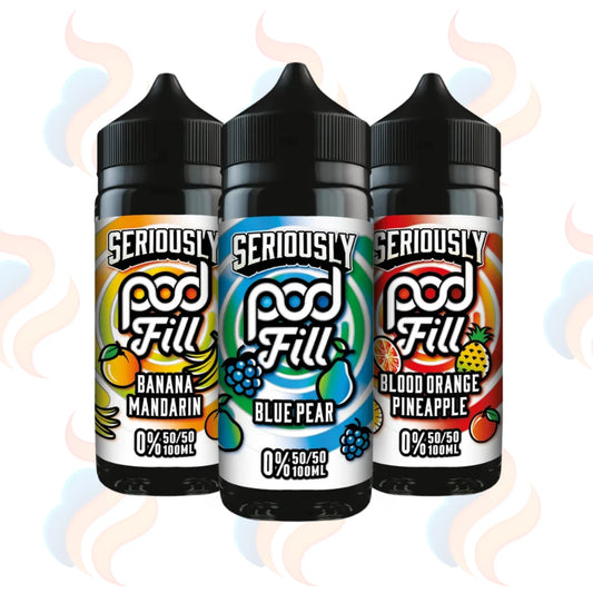 Three bottles of Seriously Pod Fill e-liquid with colourful labels on a white background.