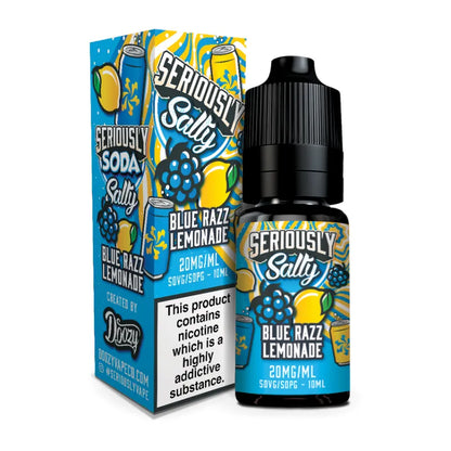Seriously Salty Blue Razz Lemonade vape juice packaging and bottle on a white background