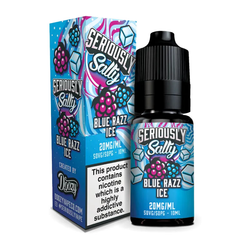 Seriously Salty Blue Razz Ice vape juice packaging and bottle on a white background