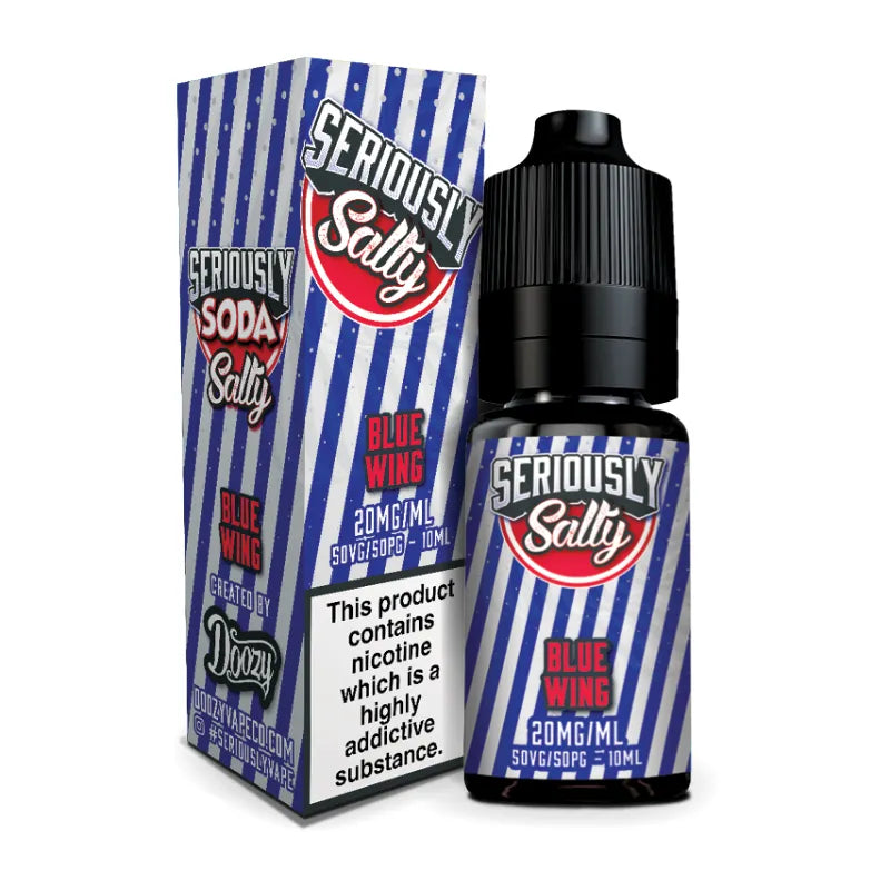 Seriously Salty Blue Wing vape juice bottle and packaging on a white background
