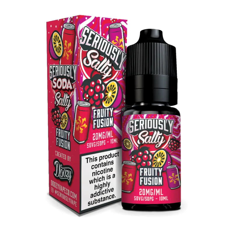 Seriously Salty Fruity Fusion vape juice bottle and packaging on a white background