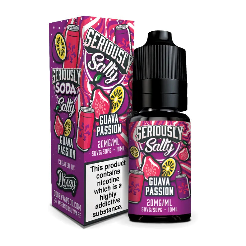 Seriously Salty Guava Passion vape juice bottle and packaging on a white background