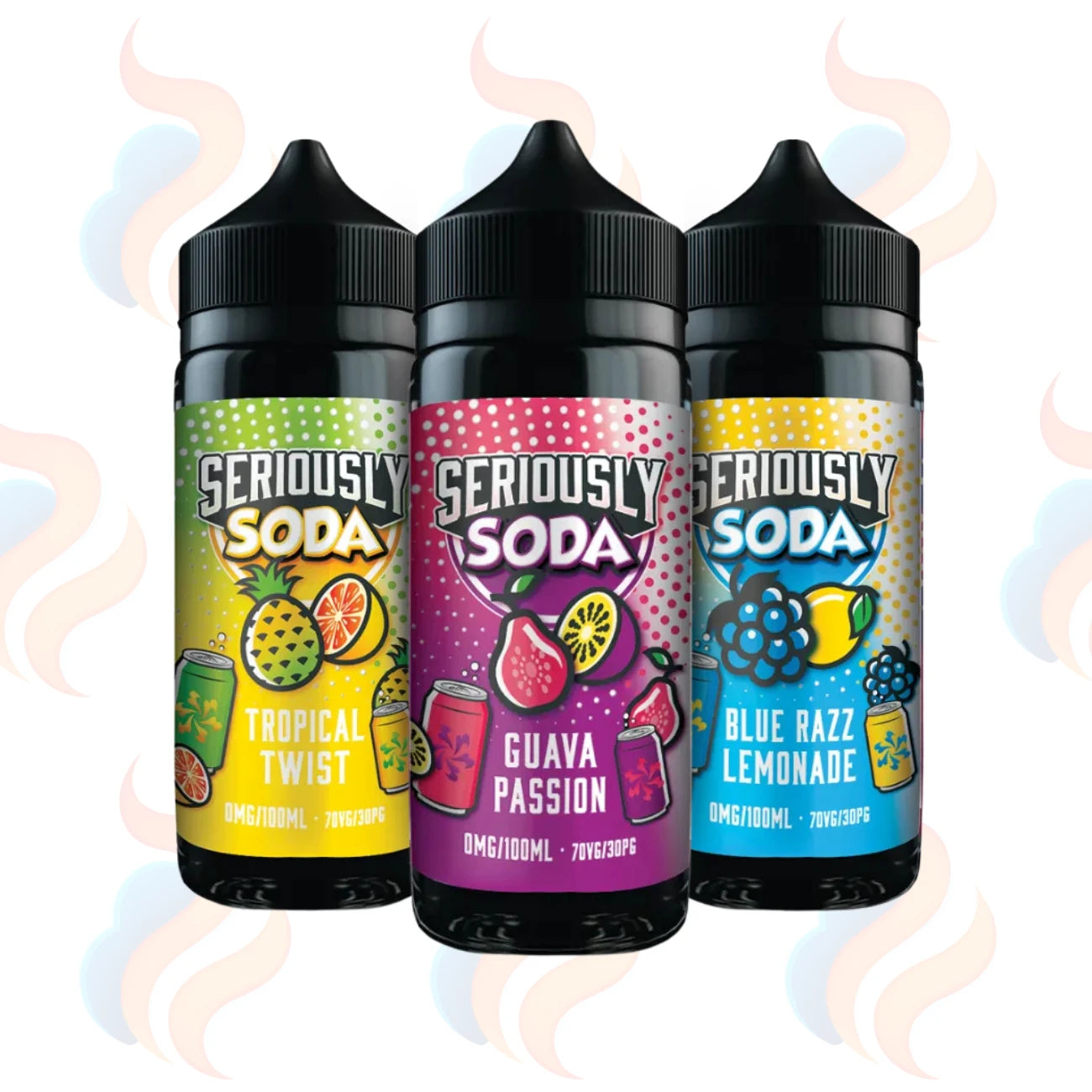 Three bottles of Seriously Soda with colourful labels on a white background