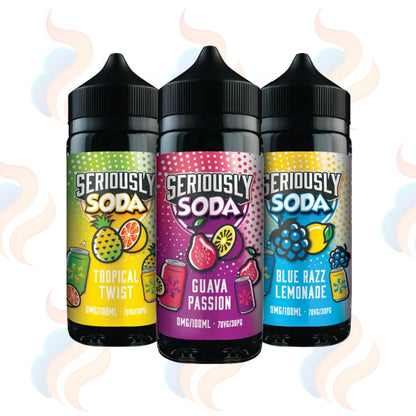 Three bottles of Seriously Soda with colourful labels on a white background