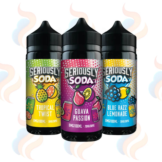 Three bottles of Seriously Soda with colourful labels on a white background