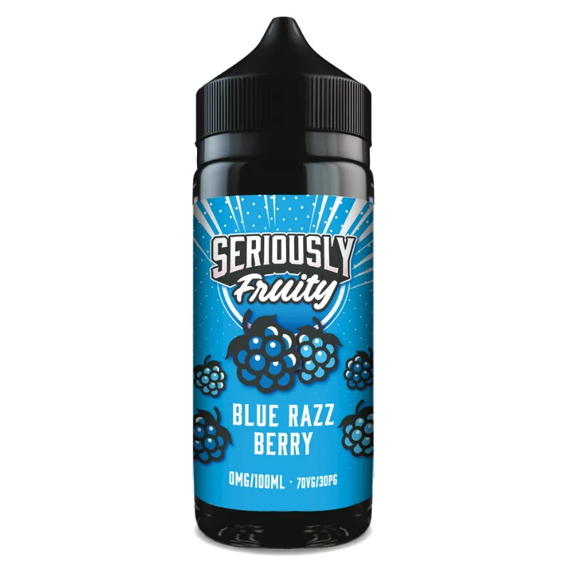 Blue razz berry-flavored vape juice bottle with blue label and black cap on white background