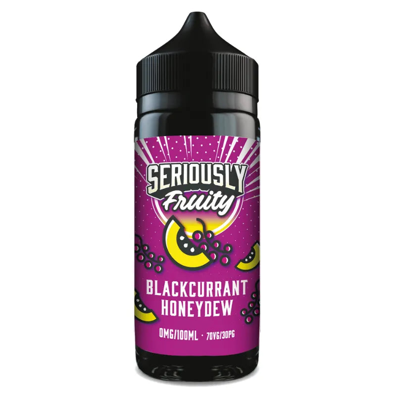 Blackcurrant honeydew vape juice bottle with a pink label on a white background