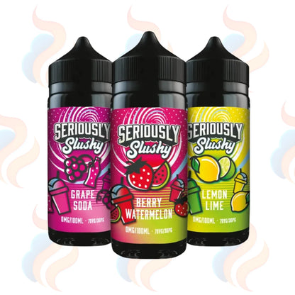 Three bottles of Seriously Slushy e-liquid with colourful labels on a white background.
