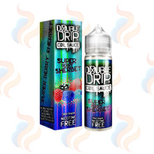 Double Drip Super Berry Sherbet vape juice bottle and packaging on a white background with smoke effects.