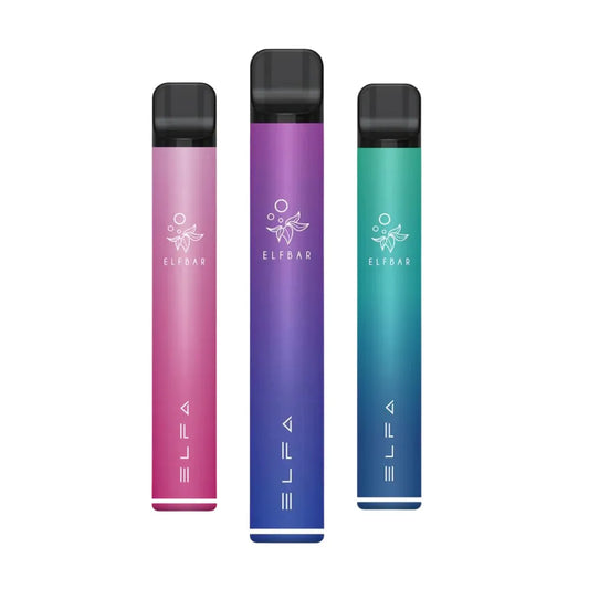 Three gradient-colored vape devices with 'ELFA' branding on a white background