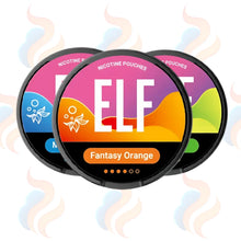 Three ELF nicotine pouches with colourful labels on a white background
