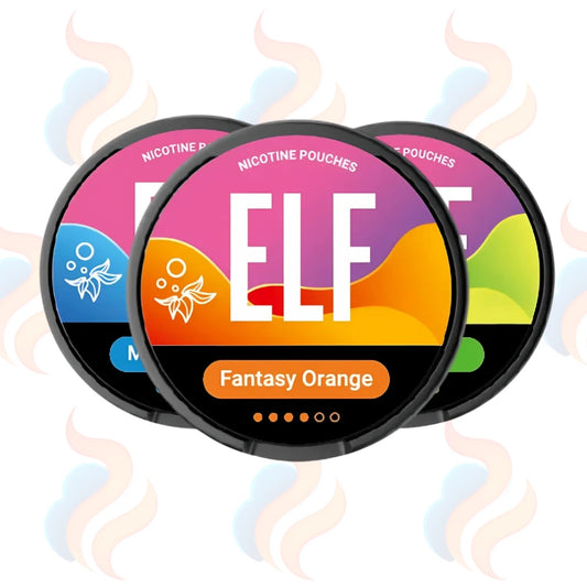 Three ELF nicotine pouches with colourful labels on a white background
