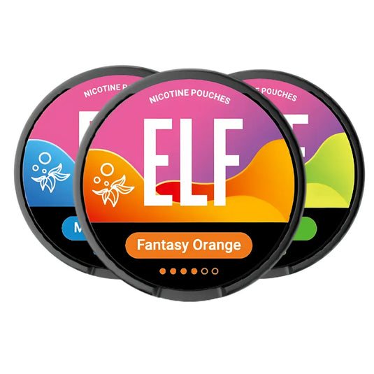 Three ELF nicotine pouches with colorful labels on a white background