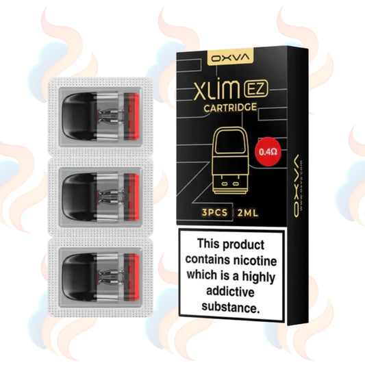 OXVA Xlim EZ Cartridge packaging with nicotine warning label on a white background