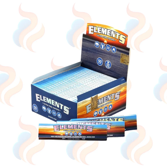 Box of Elements rolling paper with two packs in front on a white background