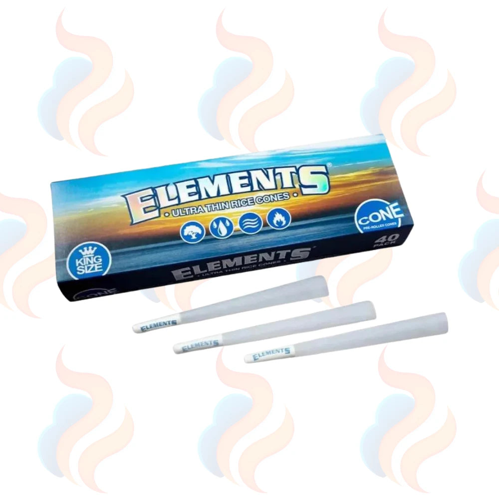 Box of 40 blue Elements rolling cones with three pre-rolled cones on a white background