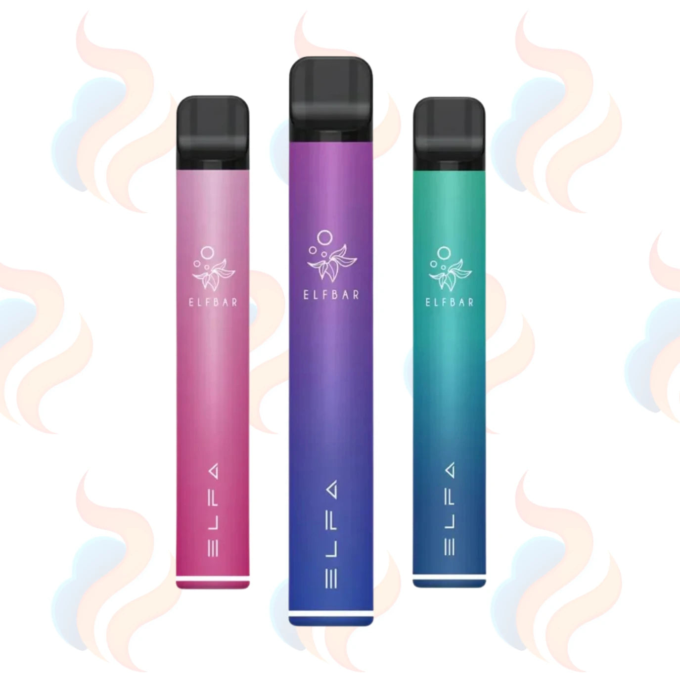 Three ELFA vape devices in pink, purple, and blue on a white background with subtle smoke effects.