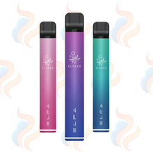 Three ELFA vape devices in pink, purple, and blue on a white background with subtle smoke effects.
