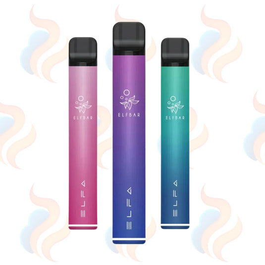 Three ELFA vape devices in pink, purple, and blue on a white background with subtle smoke effects.