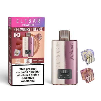 Elf Bar Dual 10K vaping device packaging with nicotine warning label on a white background
