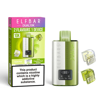 Elf Bar Dual 10K vaping device and packaging on a white background