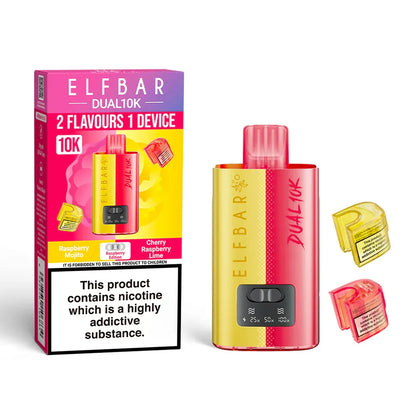 Elf Bar Dual 10K vaping device with packaging and accessories on a white background
