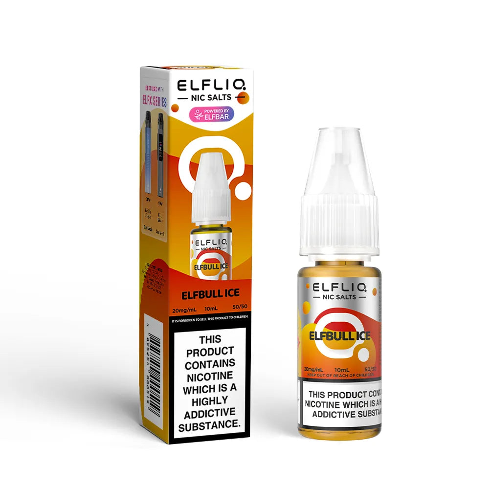 Elfliq Elfbull Ice nicotine salt packaging and bottle on a white background