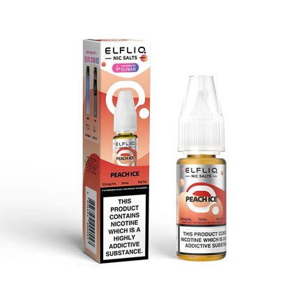 Elfliq Peach Ice nicotine salt packaging and bottle on a white background