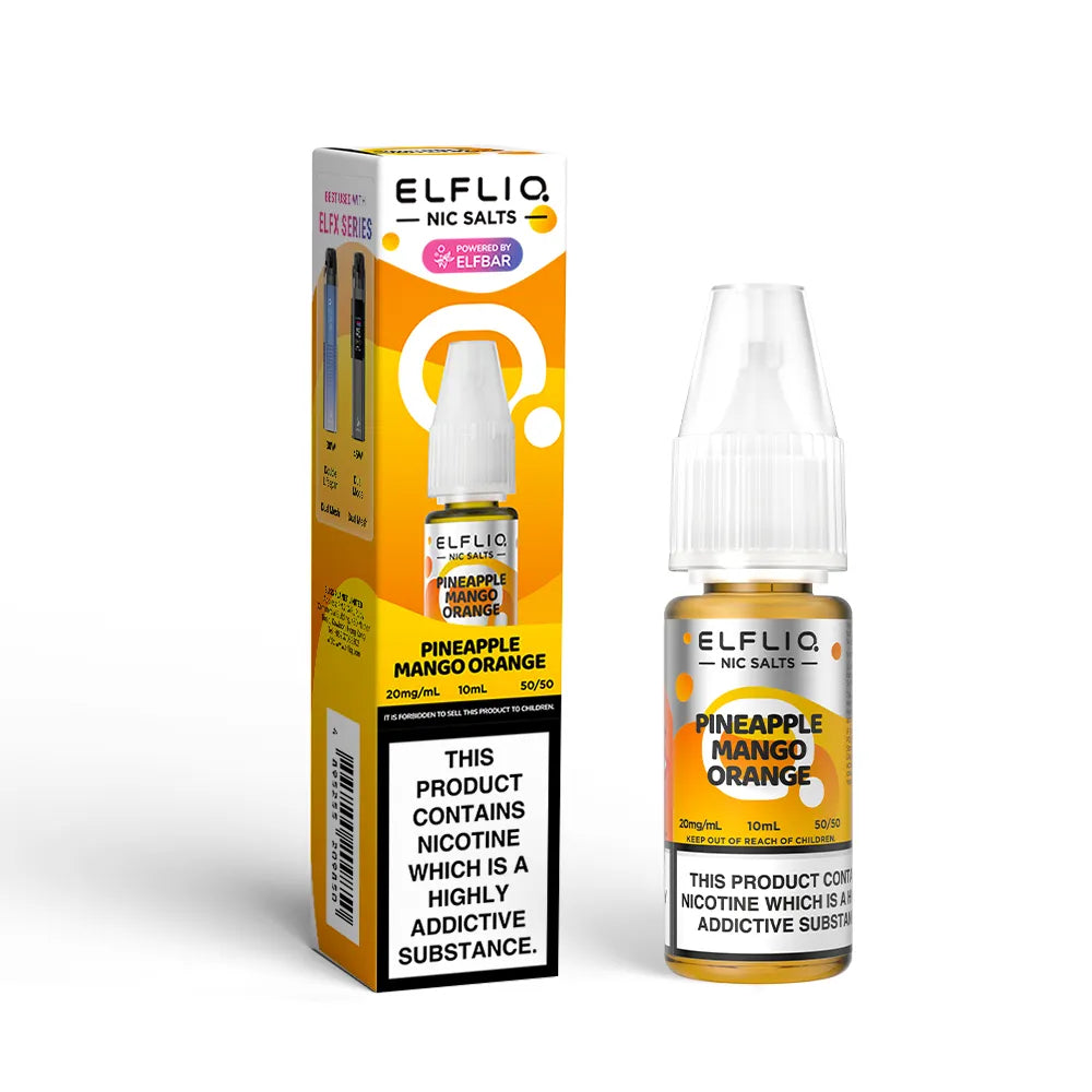 Elfliq Pineapple Mango Orange vape juice bottle and packaging on a white background