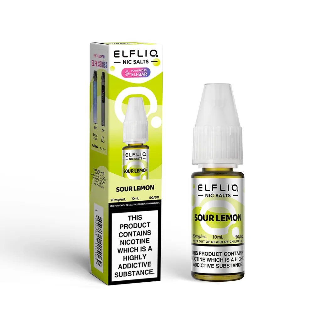 Elfliq Sour Lemon nicotine salt e-liquid bottle and packaging on a white background