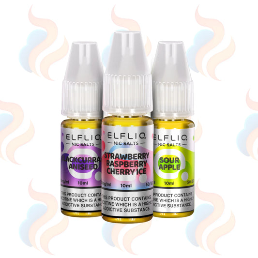 Three bottles of Elfliq e-liquid with colourful labels on a white background