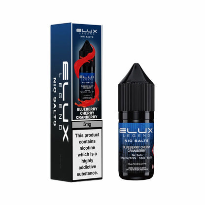 Ellux Legend Nic Salts Blueberry Cherry Cranberry vape juice bottle and packaging on a white background